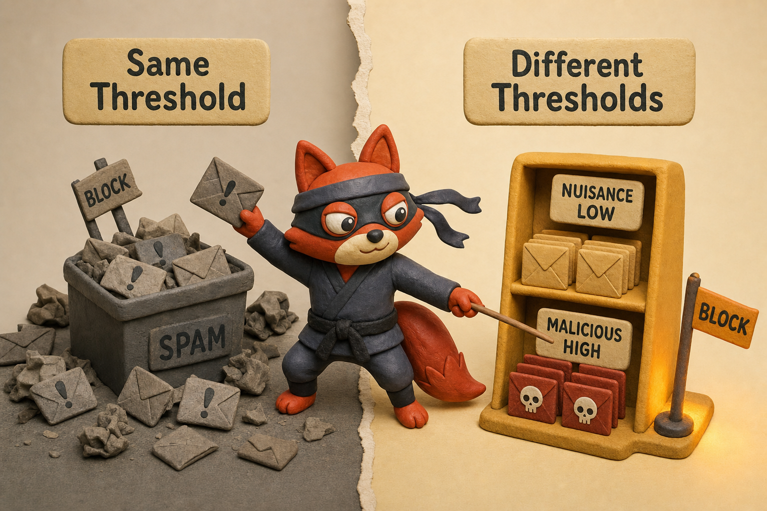 Two-panel illustration: single threshold lets phishing through; separate thresholds stop threats.