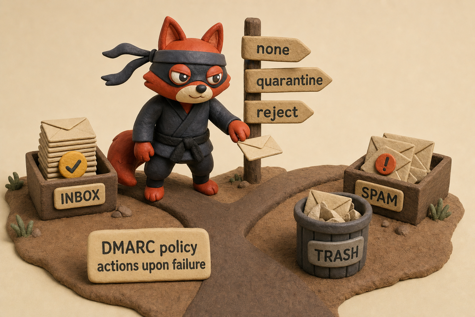 Decision tree showing DMARC failure actions: none (monitor), quarantine (spam), reject (discard).