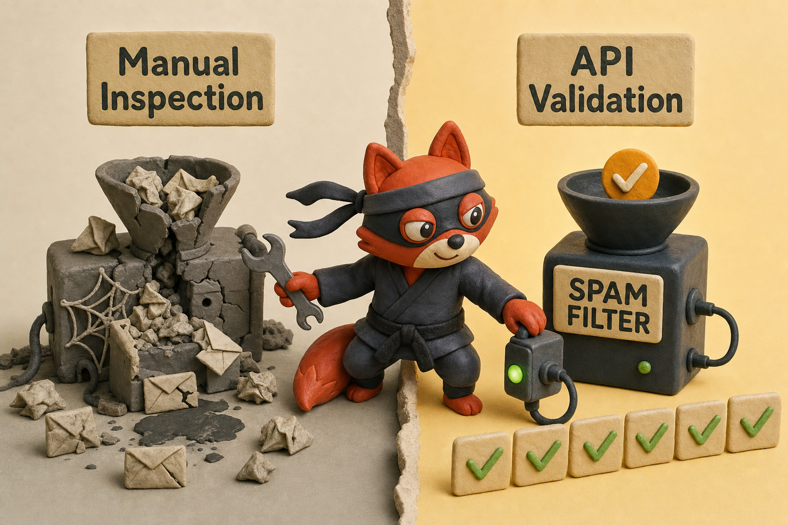 Manual email inspection versus real-time API validation, showing the shift from reactive checks to proactive blocking.
