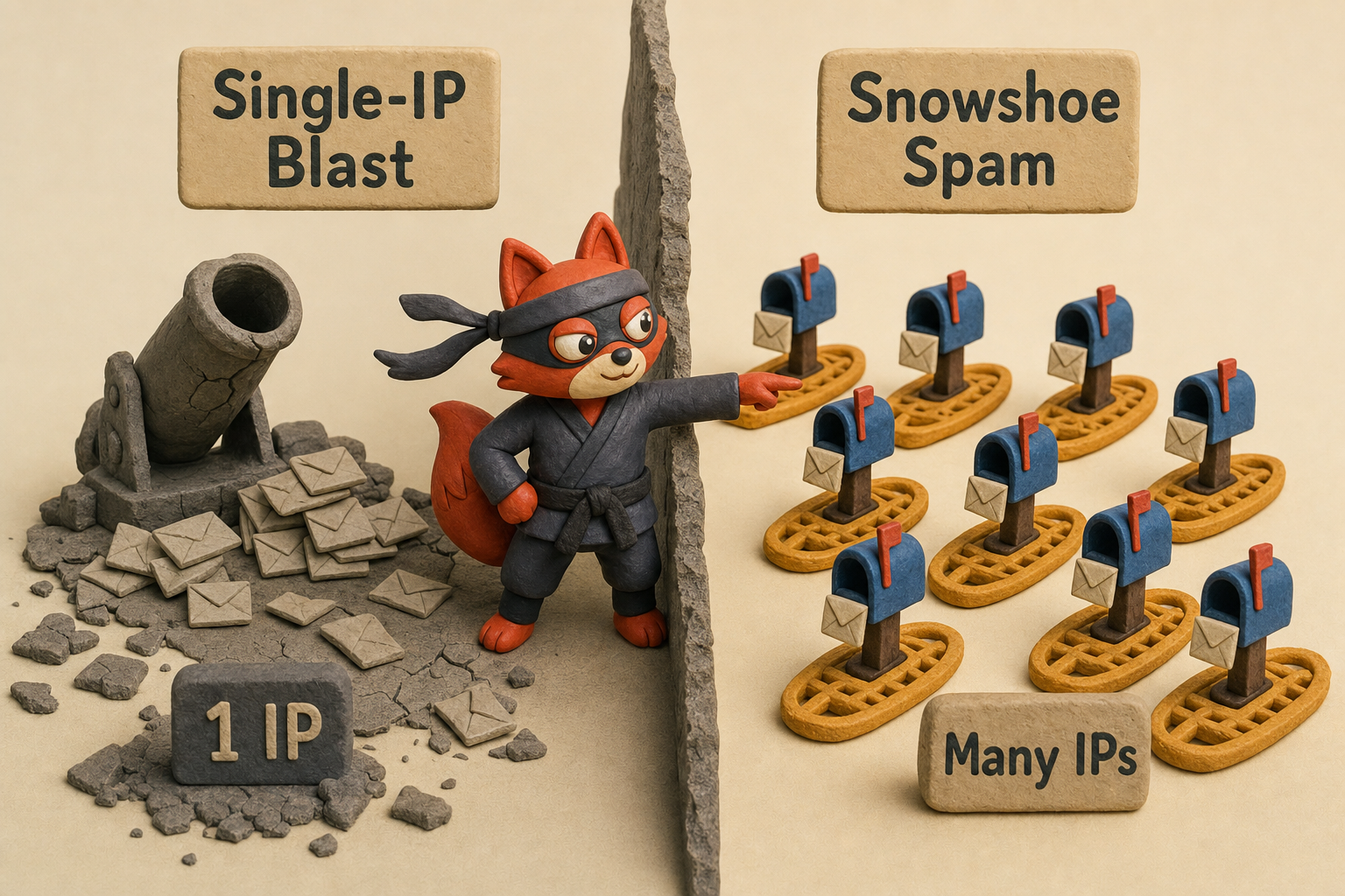 Traditional single-IP spam blast versus modern snowshoe campaign
