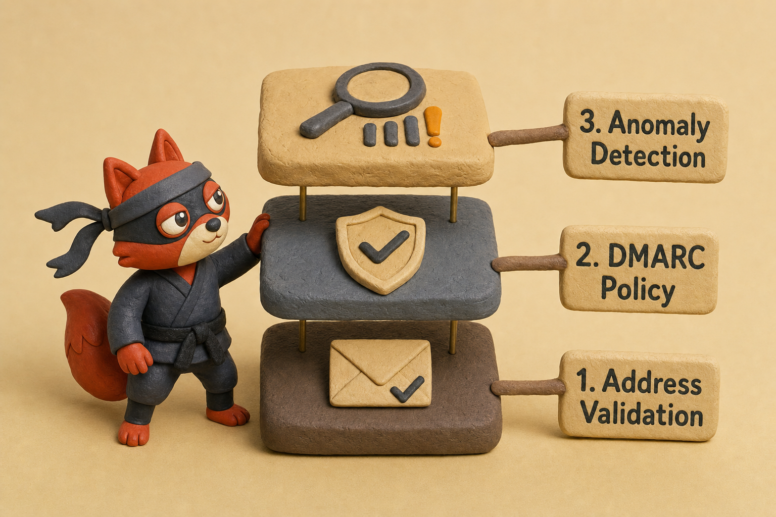 Fox mason stacking three layers: address validation, DMARC policy, and anomaly detection.