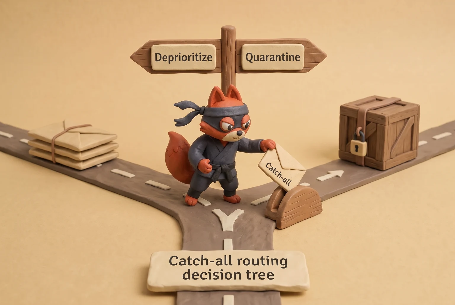 A mail-sorting fox at a fork routes a catch-all envelope toward deprioritize or quarantine.