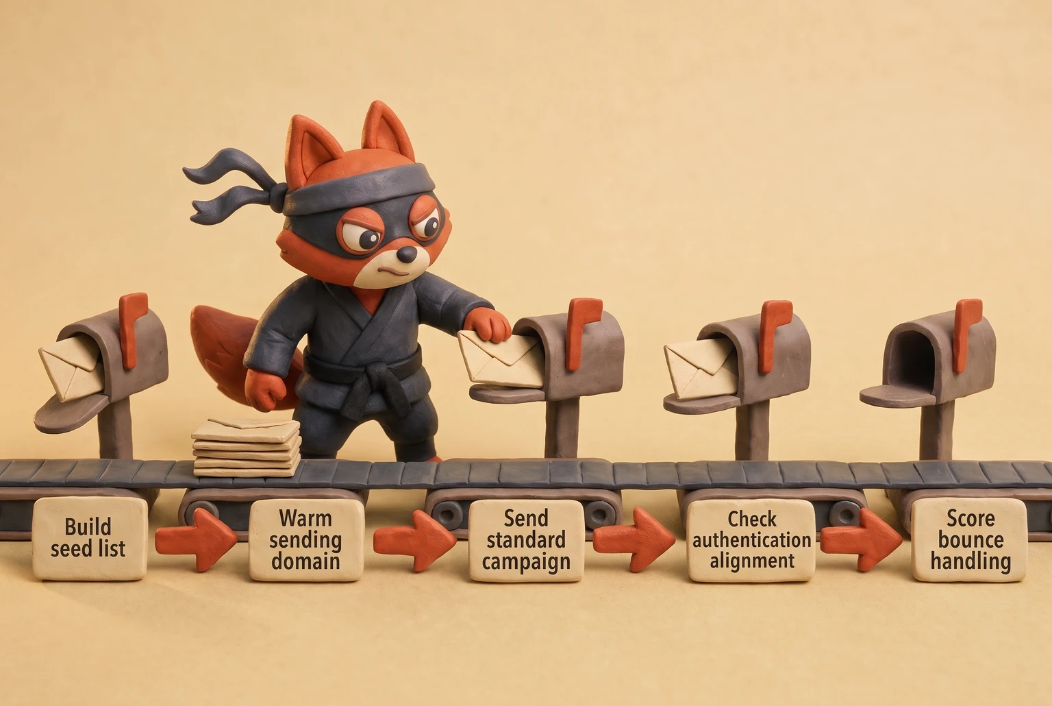 A postal fox moves envelopes through five ordered stages of seed-list deliverability testing.
