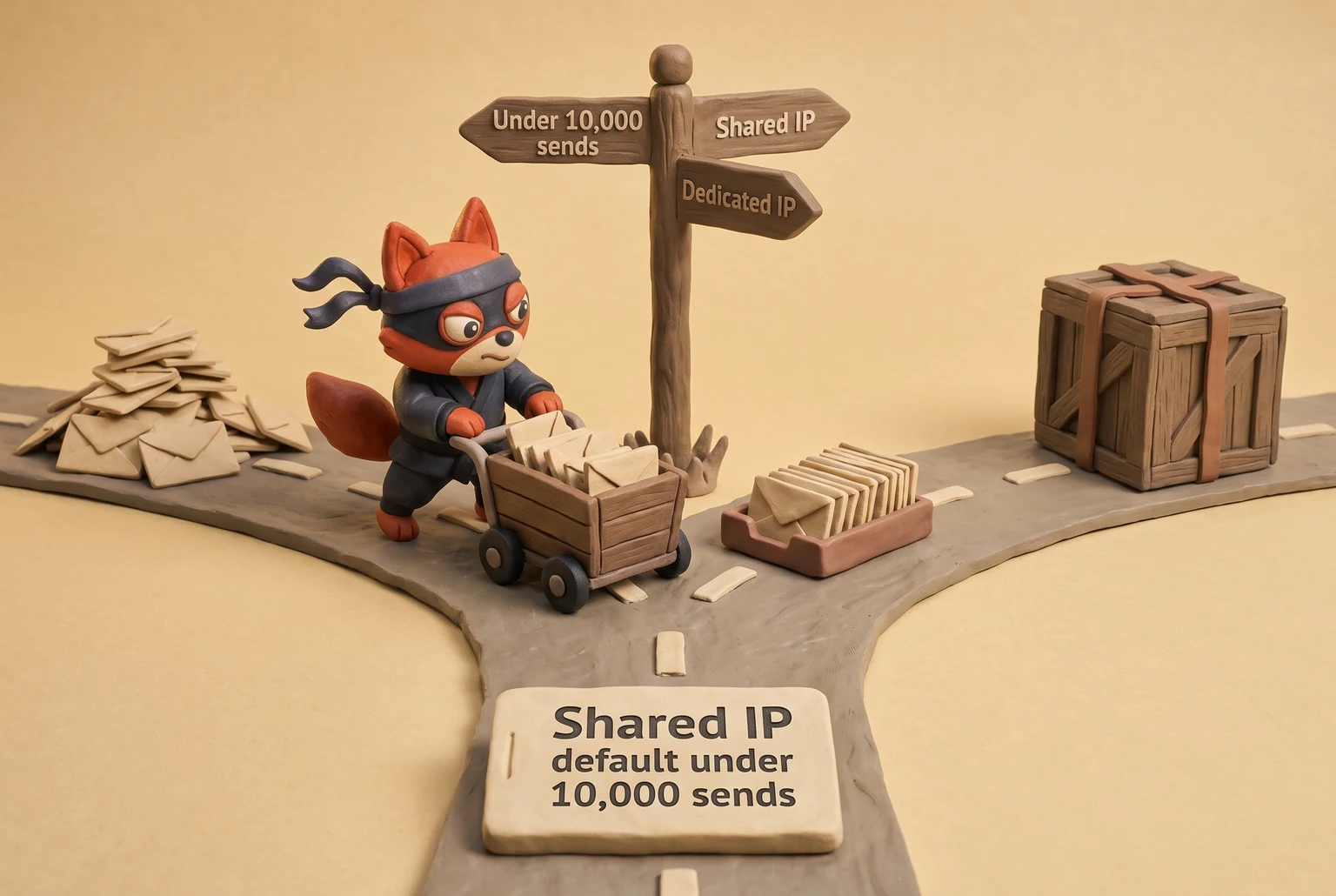 Forked decision under 10,000 sends: shared IP default, dedicated IP a liability.