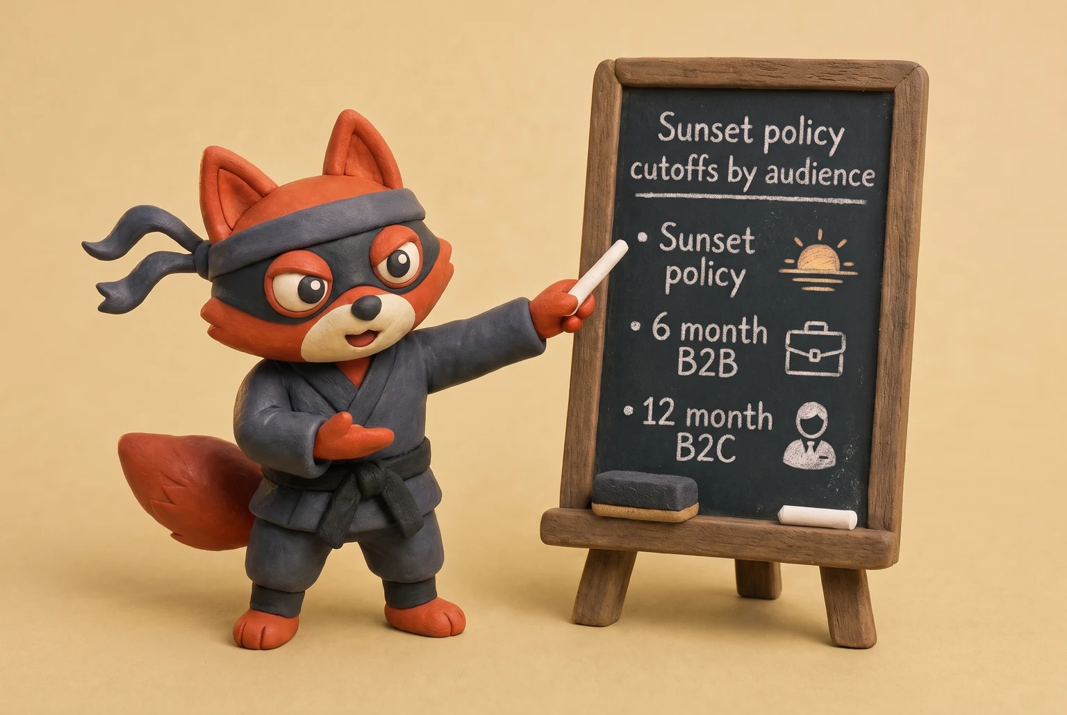 A fox at a chalkboard labels B2B and B2C sunset cutoffs.