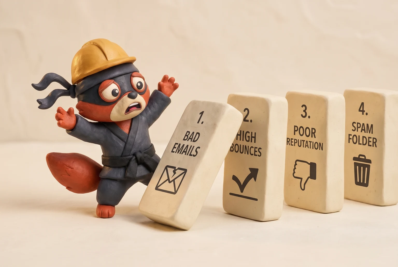 A domino effect showing how poor list verification leads to emails landing in spam.