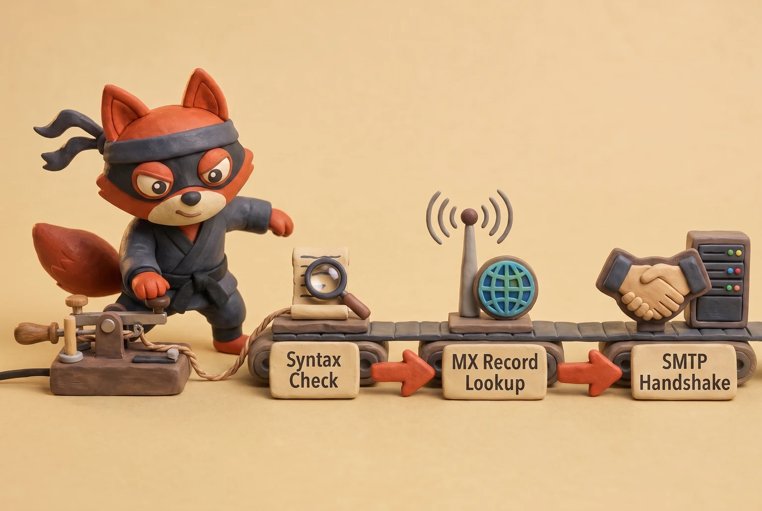 A fox inspects emails moving through a three-stage verification process.