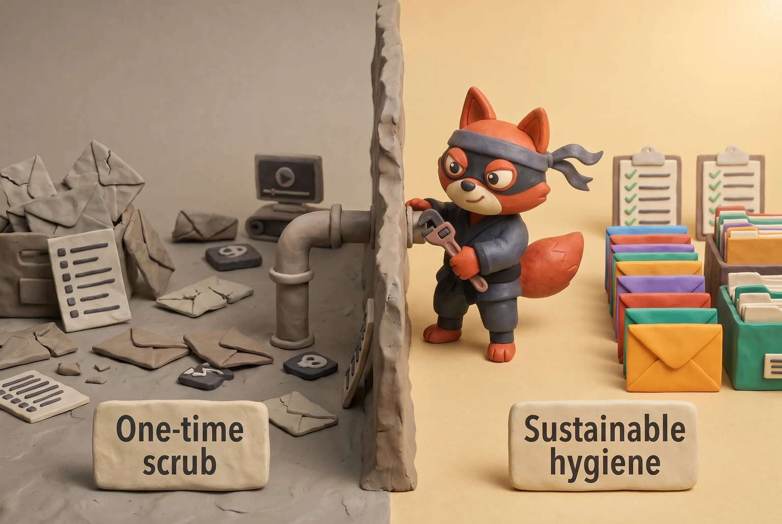 A fox mopping a flood versus a fox fixing the pipe that caused it.