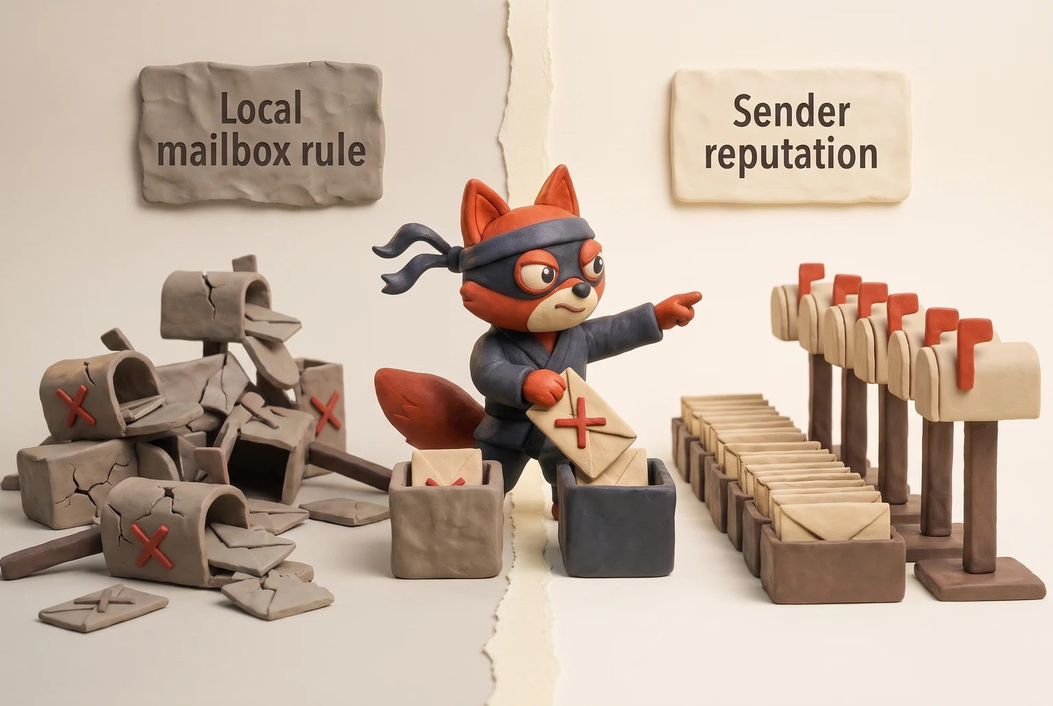 Fox mail clerk sorting a blocked envelope between local mailbox rule and sender reputation bins.