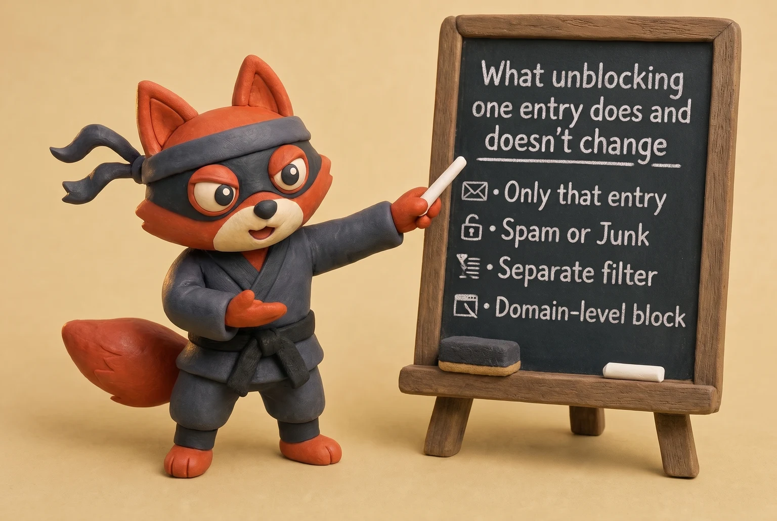 The boundaries of removing one blocked address: only that entry changes; spam and other filters remain.