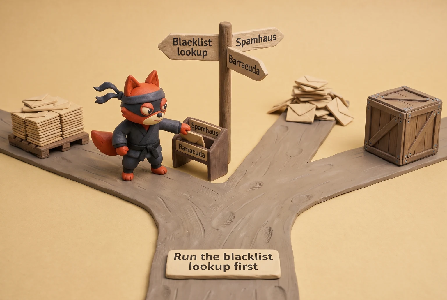 A decision fork from a blacklist lookup to Spamhaus or Barracuda before touching DNS.