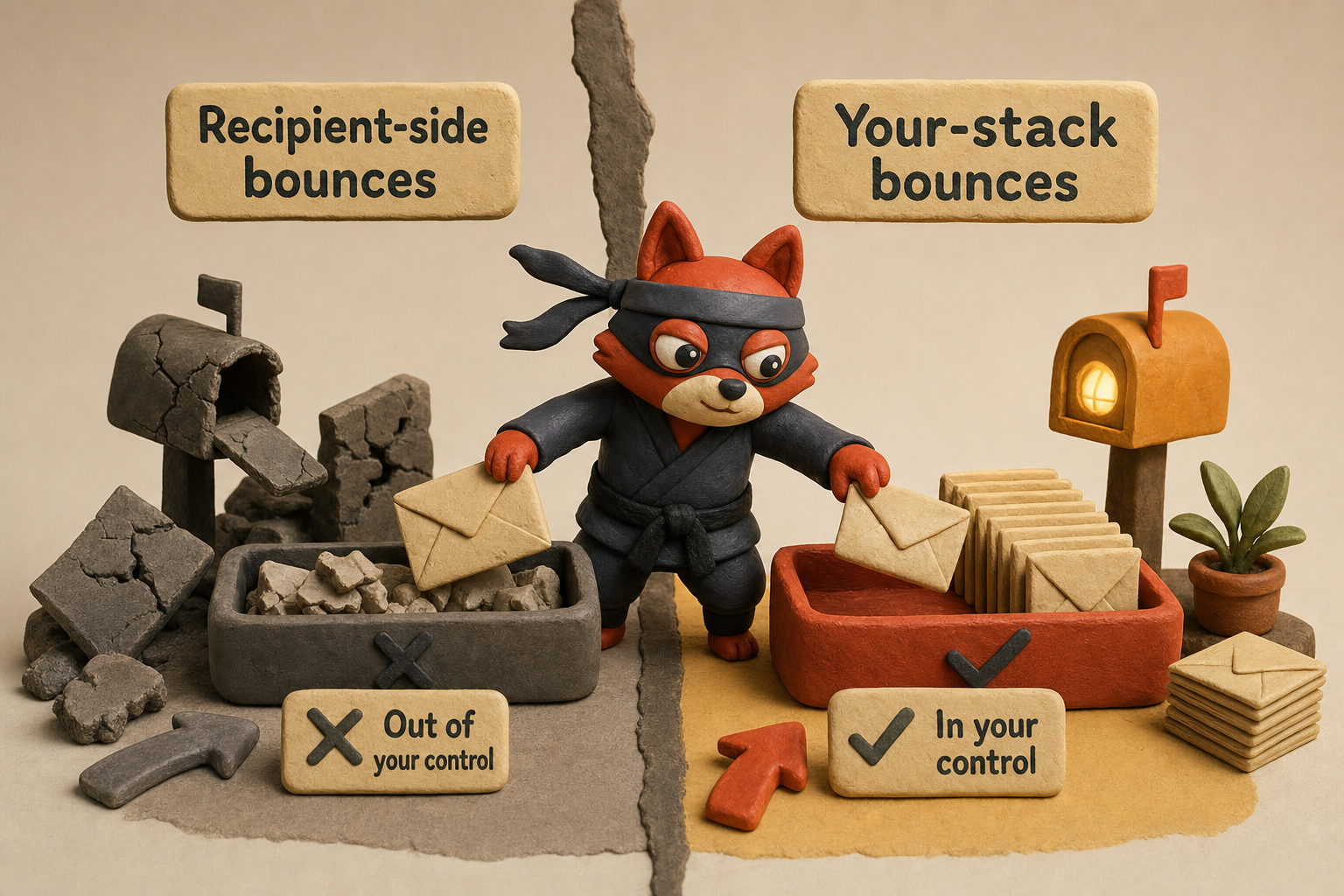 Two-panel contrast of bounce causes: unfixable recipient-side vs fixable stack-side issues.