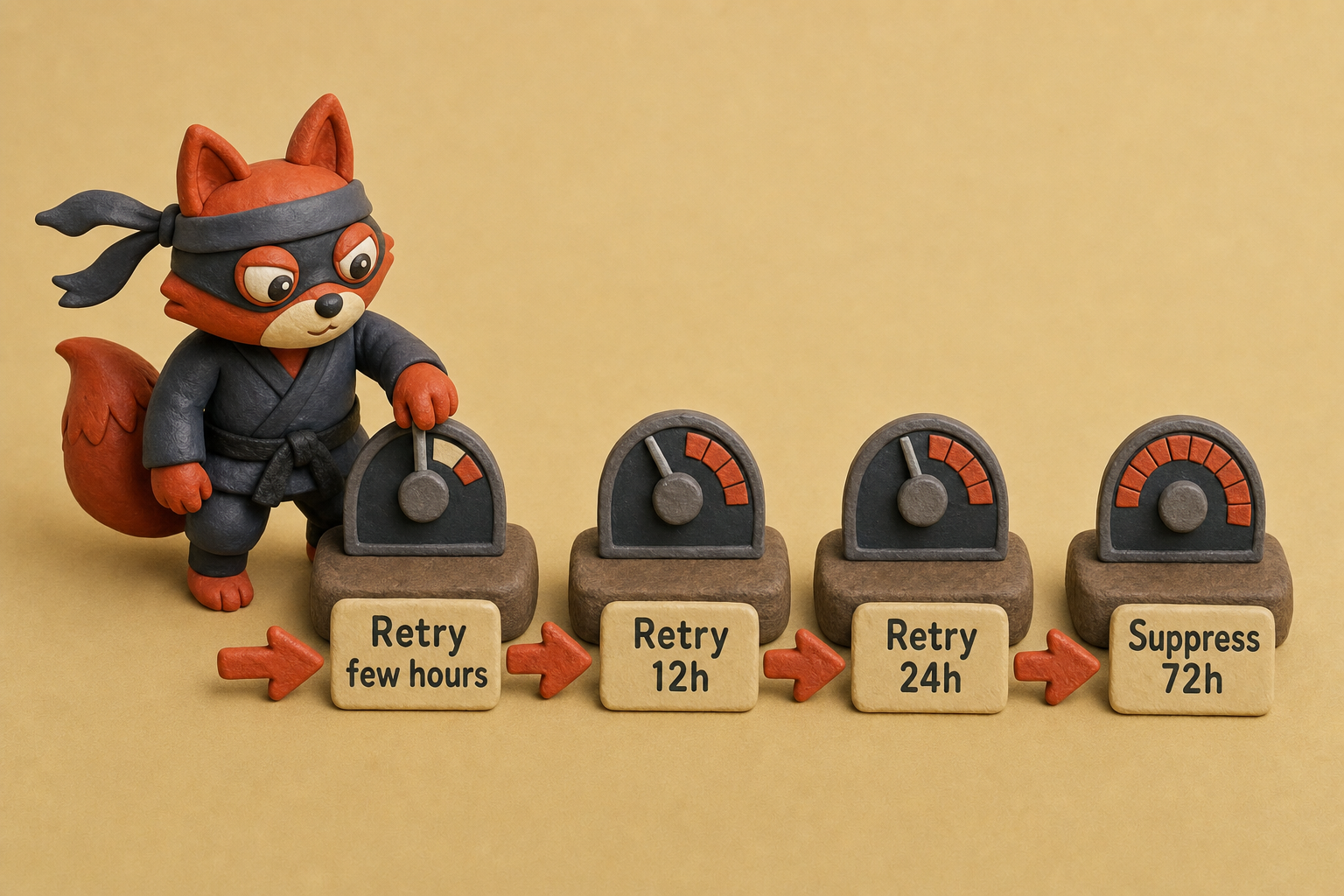 Retry sequence for an over quota bounce: increase delays then suppress after 72 hours.