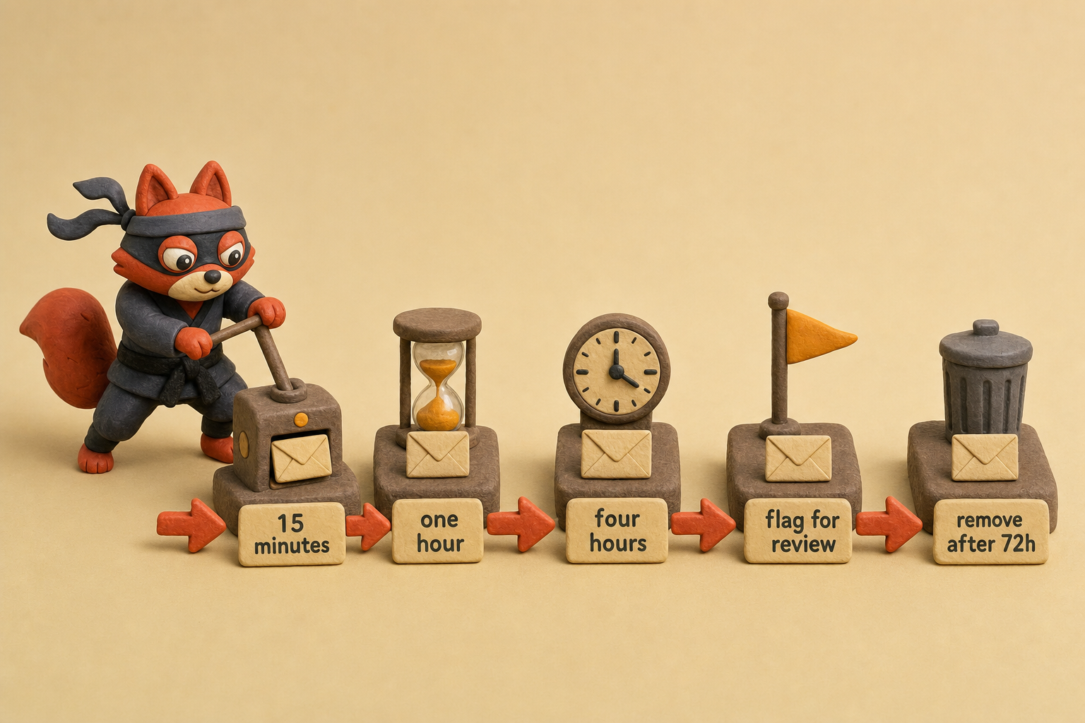 The automated retry pipeline for soft bounces: escalating delays, human review, and final removal after 72 hours.
