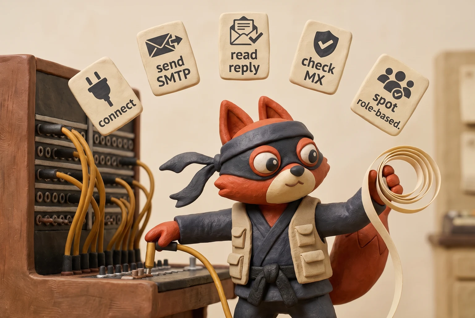 An email address moving through validation: connect, send SMTP, read reply, check MX, spot role-based.
