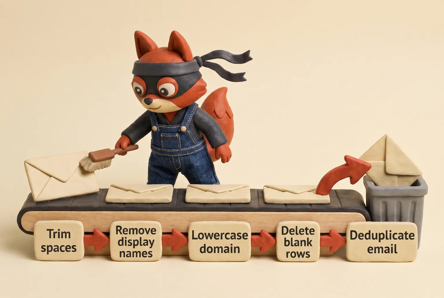 The ordered steps to clean an email column before deduplicating a contact list.