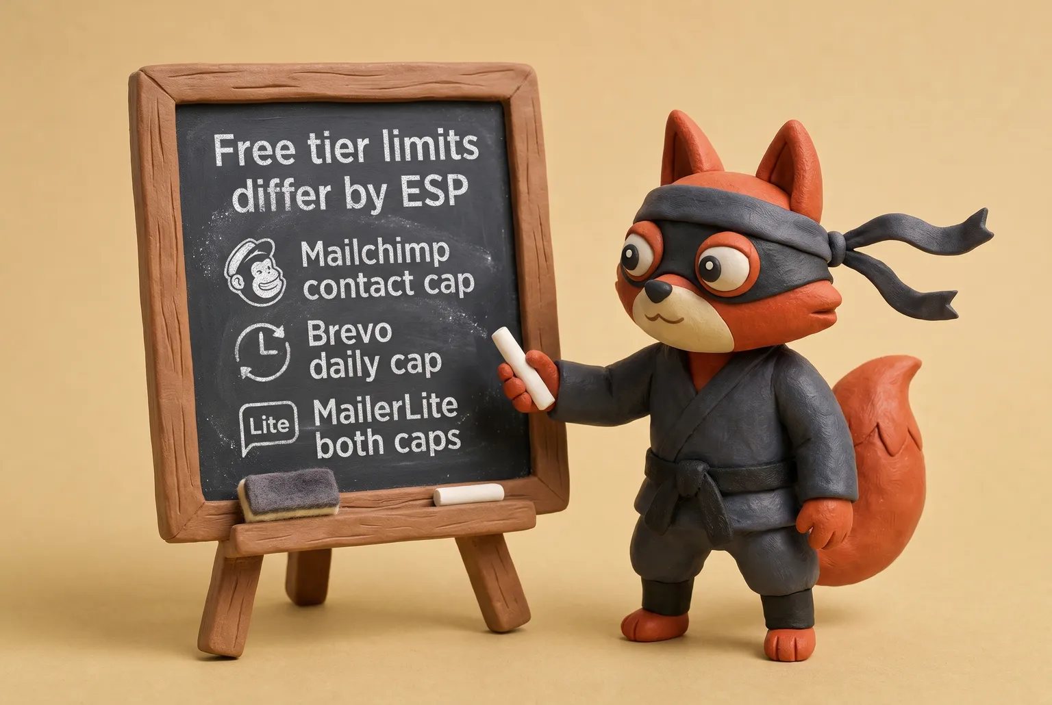Mailchimp caps contacts, Brevo caps daily sends, MailerLite caps both.
