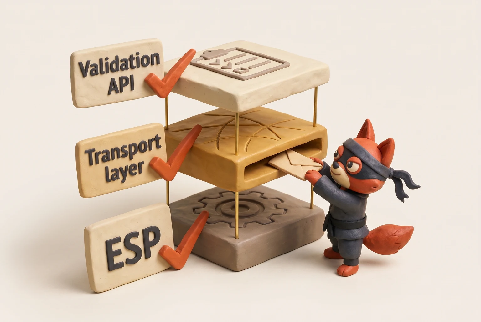 Stacked layers: ESP campaigns above, transport delivery in the middle, validation screening below.
