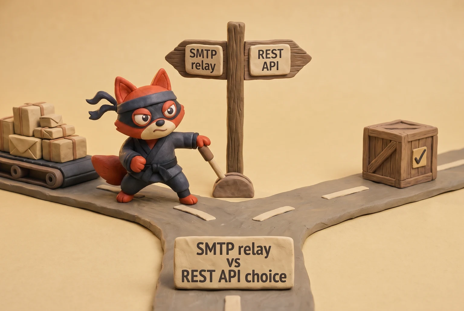 A fox switch operator routes an email between SMTP relay and REST API paths.