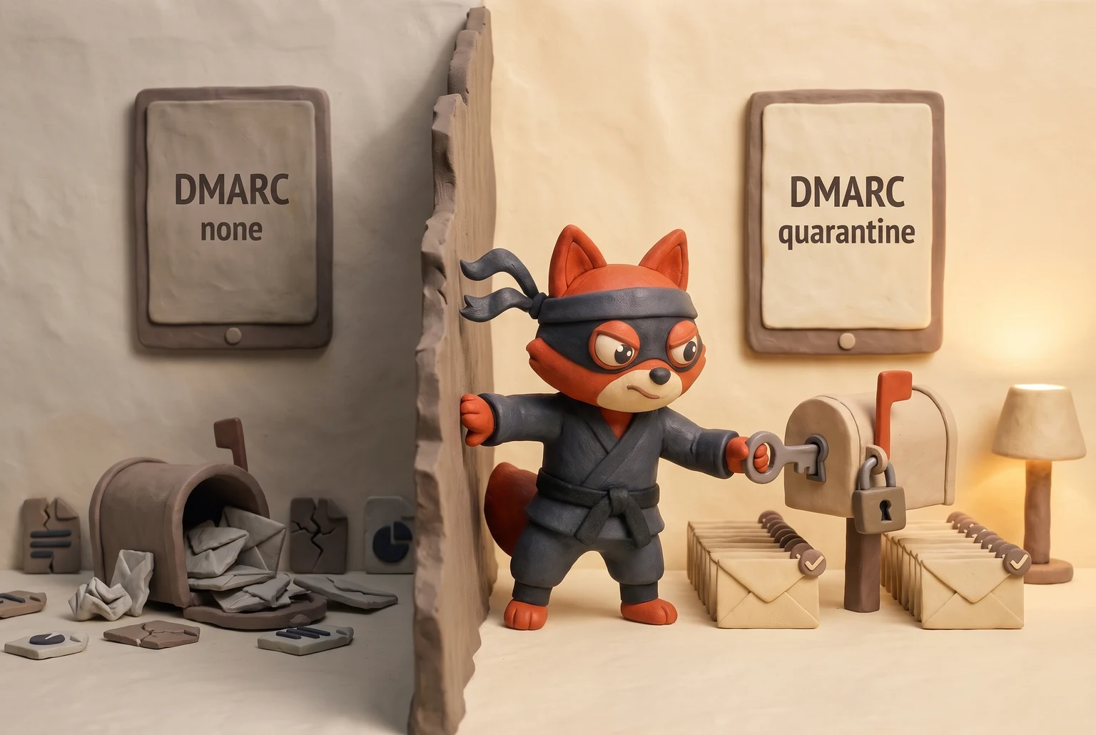 Two-panel DMARC contrast: unlocked mailbox with stolen mail versus locked mailbox with delivered mail.