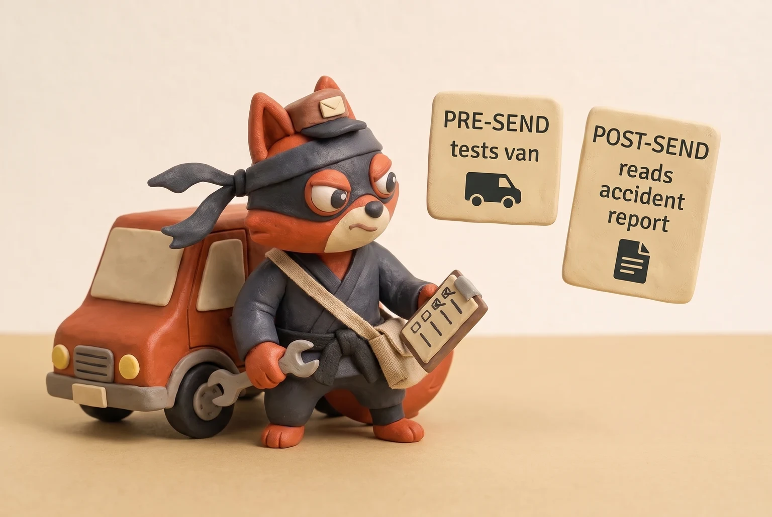 A fox courier tests the van pre-send, then reads the accident report post-send.