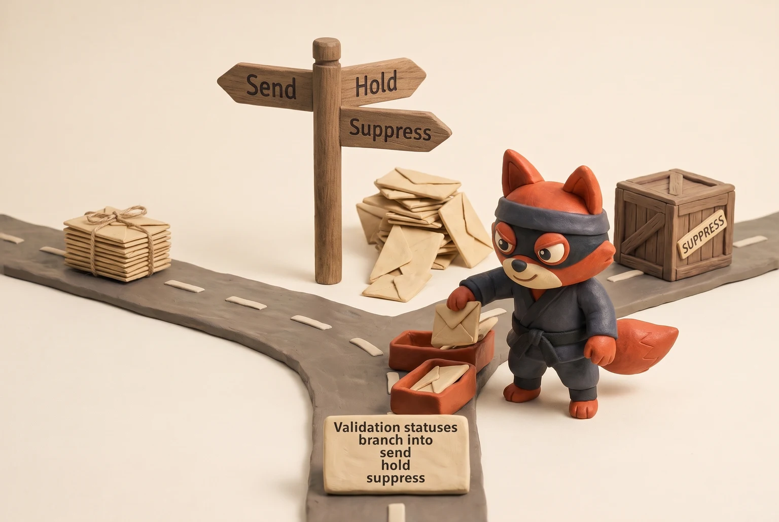 A fox mail carrier sorts validation envelopes into send, hold, and suppress chutes.