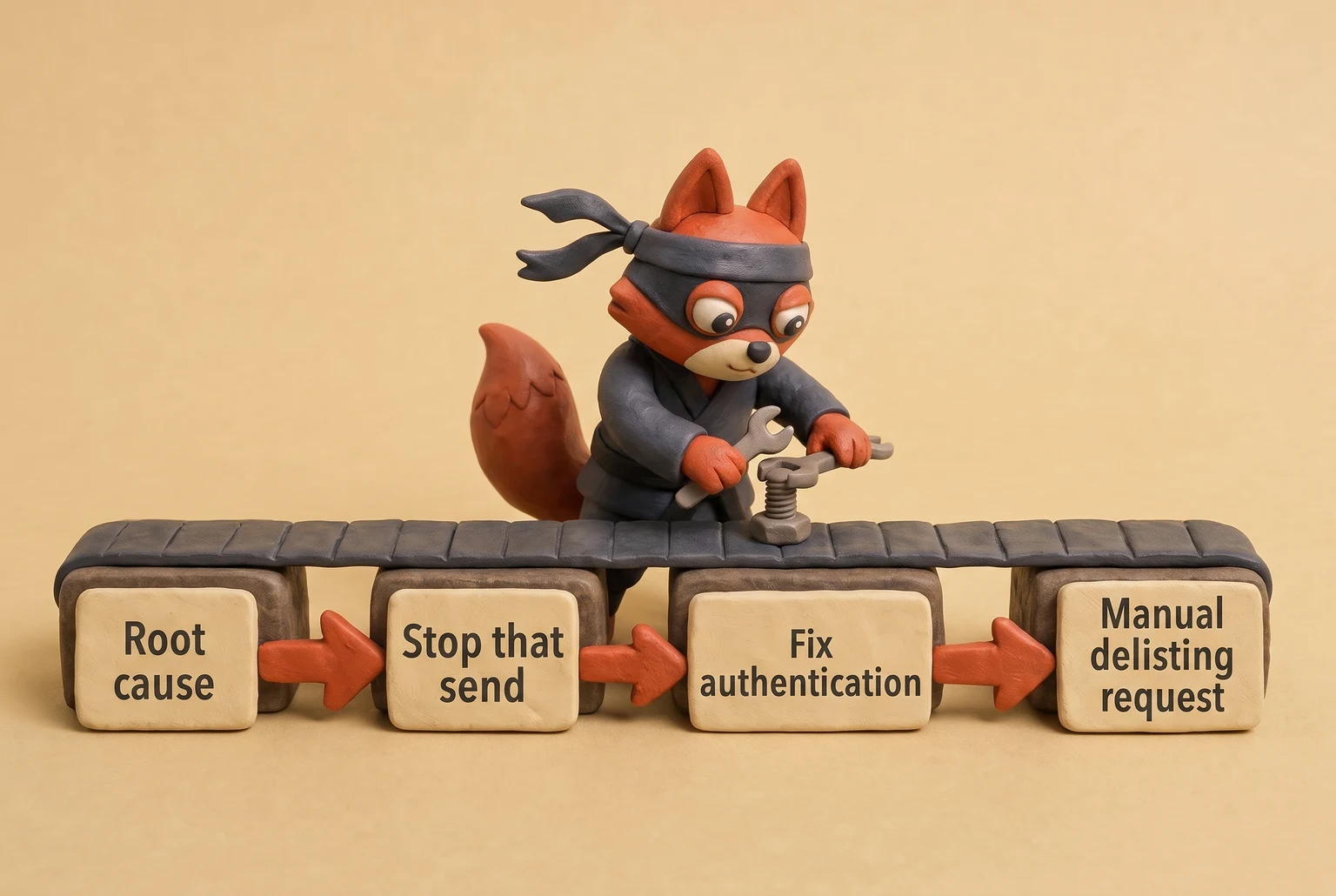 Blacklist alert remediation order: root cause, stop send, fix authentication, manual delisting request.
