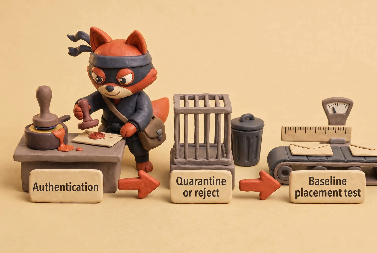 A fox postmaster stamps an envelope with authentication before policy and baseline measurement steps.