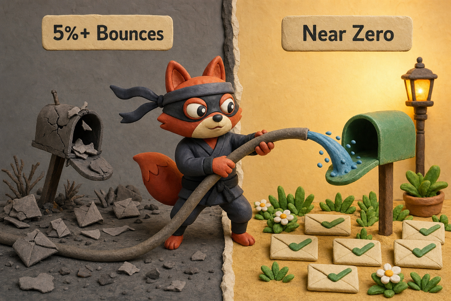 Before-and-after showing email bounce rates plummet from over 5% to near zero after verification.