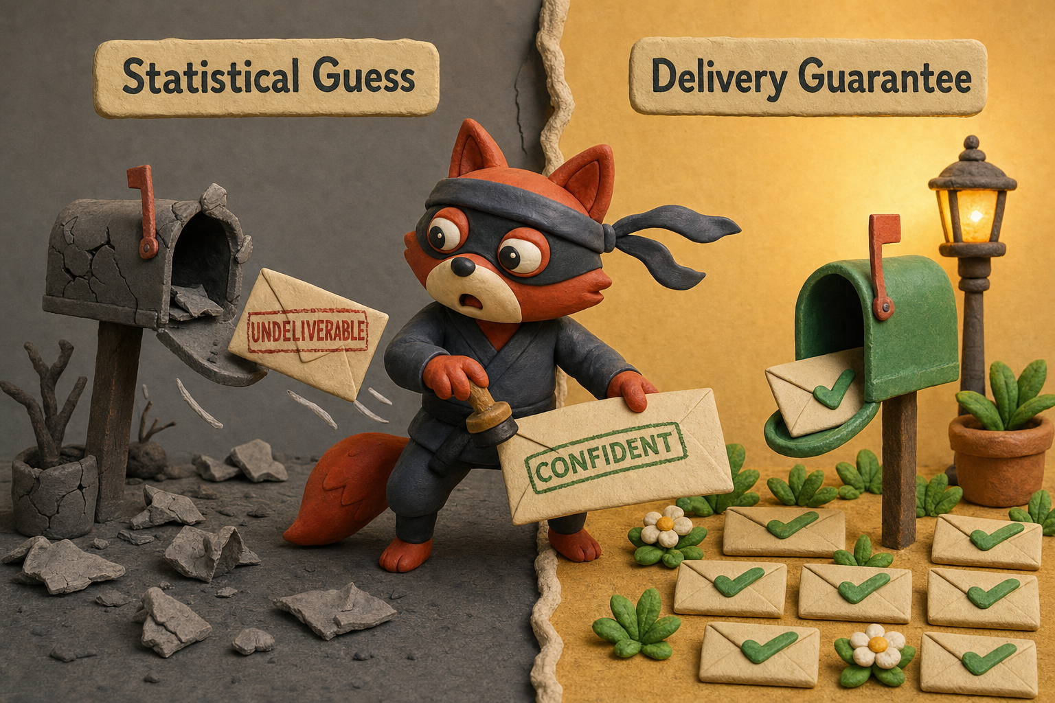 A finder's statistical guess contrasts with the absence of a delivery guarantee.