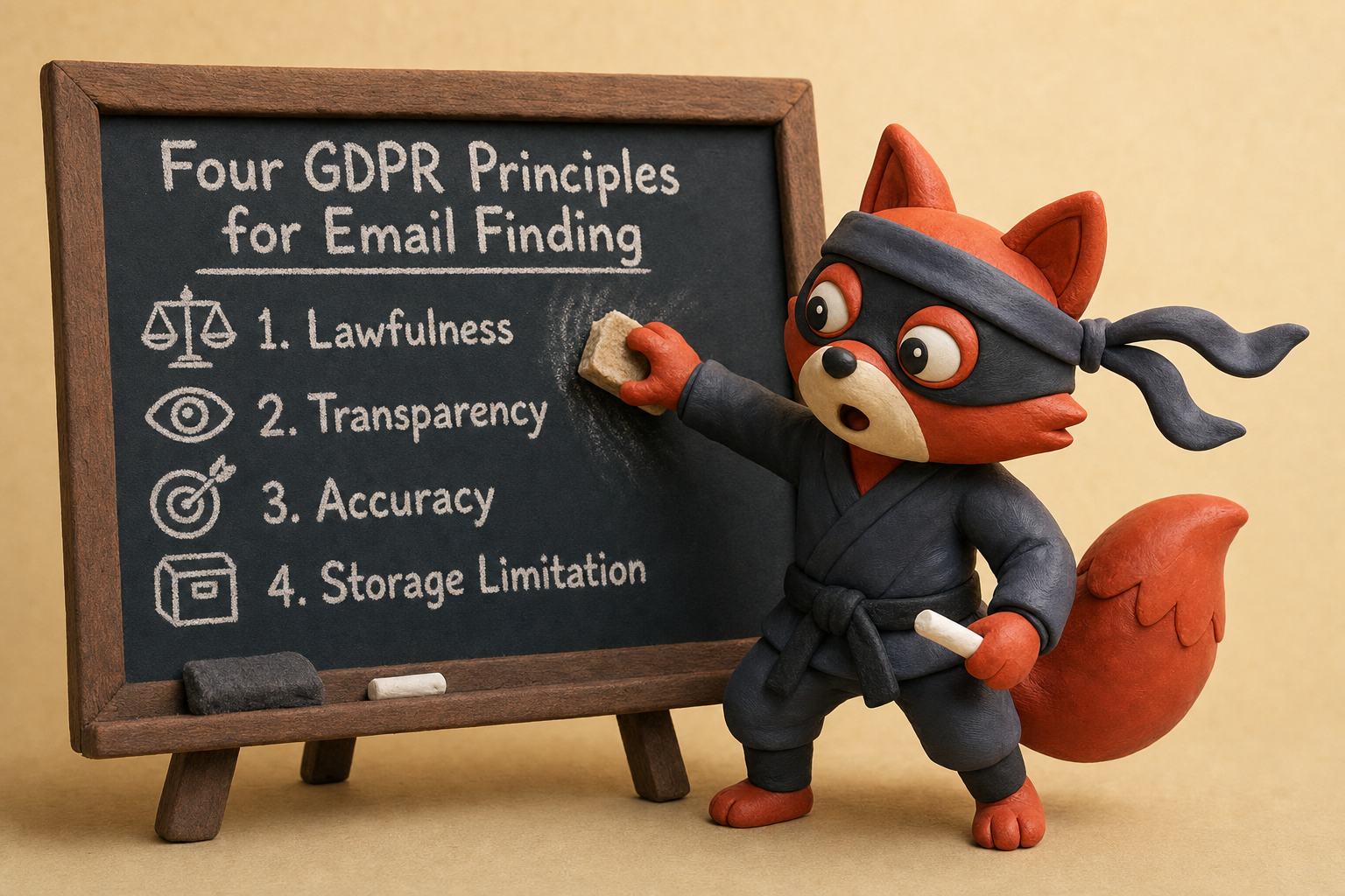 Chalkboard diagram showing the four GDPR principles that apply to email finder tools.