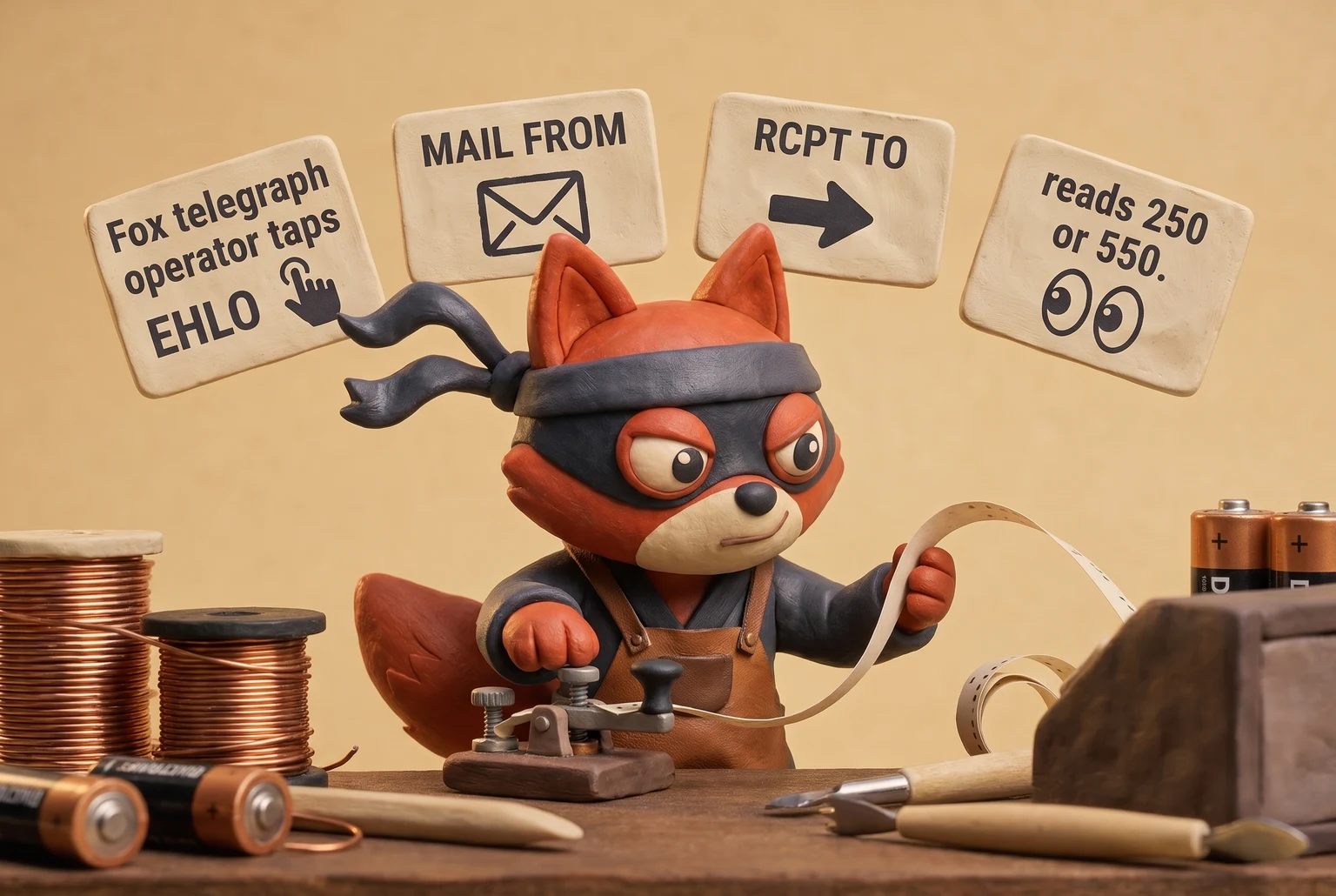 Fox telegraph operator taps EHLO, MAIL FROM, RCPT TO, reads 250 or 550.
