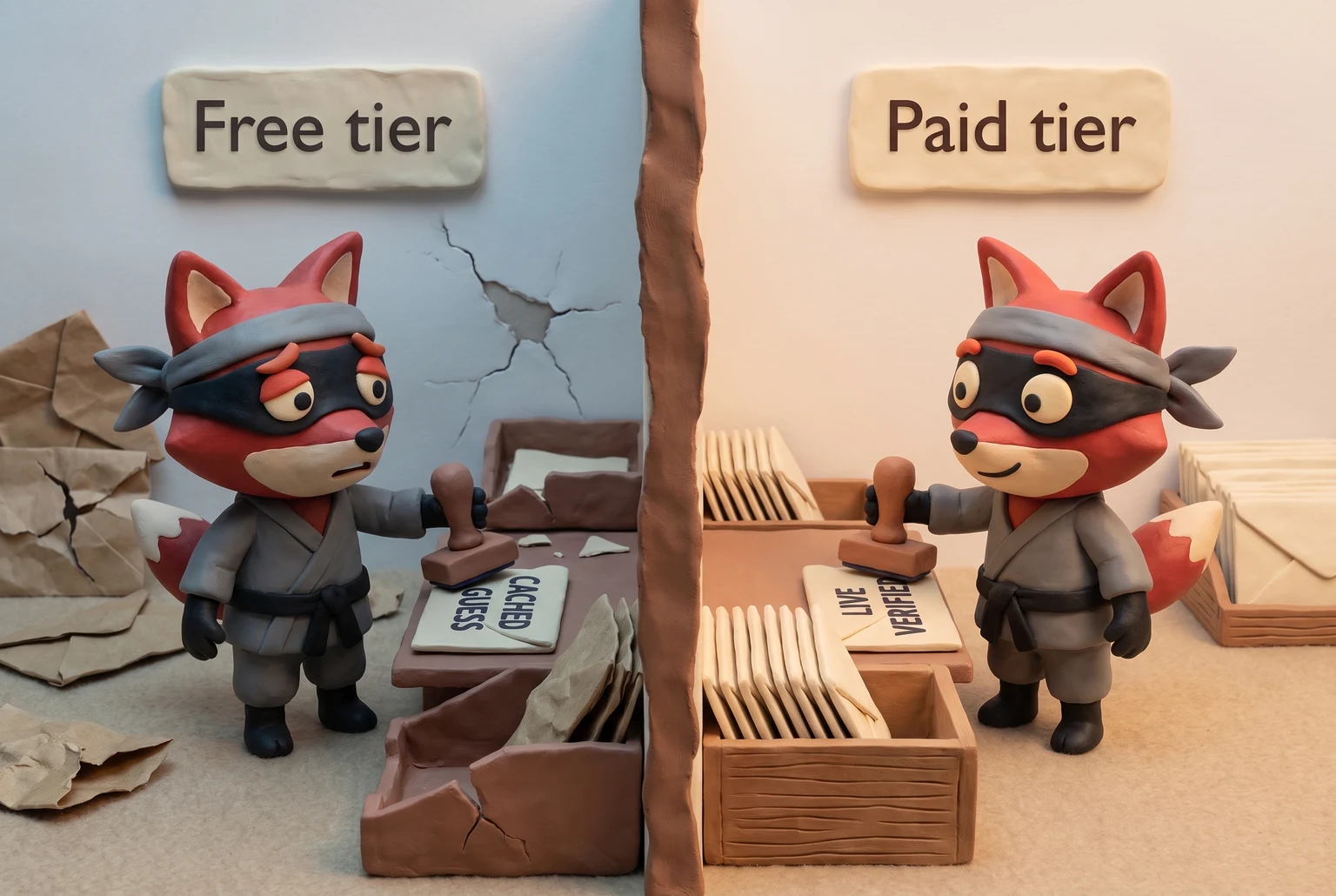 Two-panel contrast: free tier returns cached guesses; paid tier verifies live.