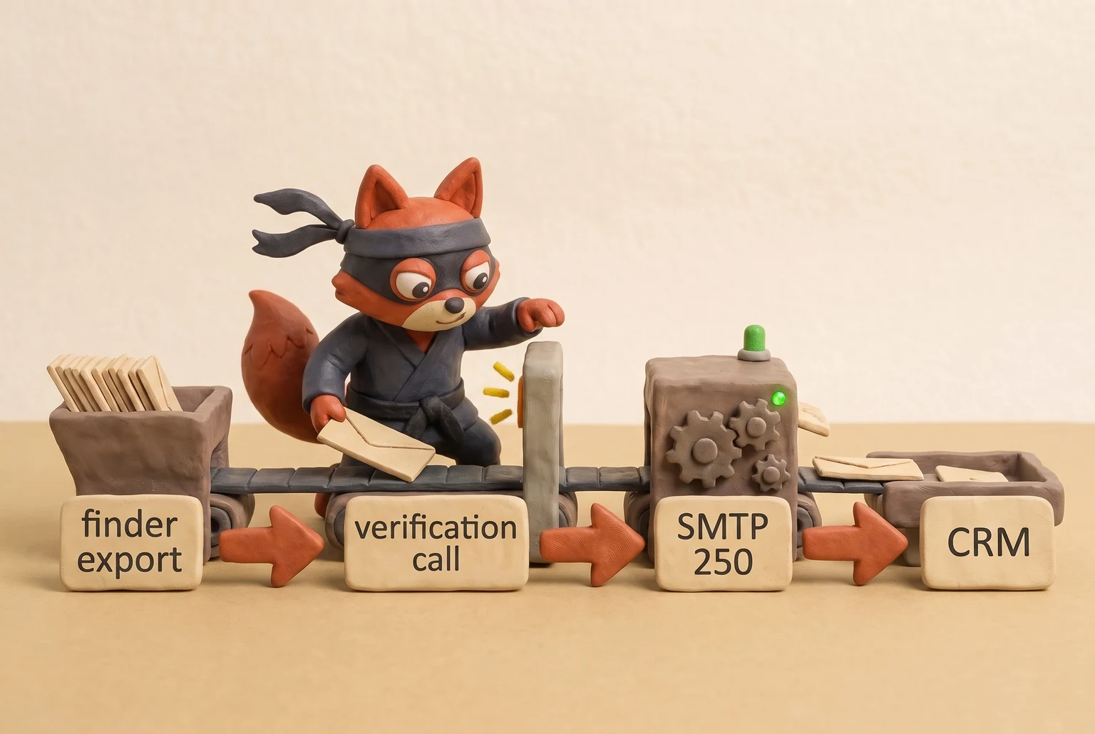 Email candidates move from finder export through a verification gate to CRM, with invalid ones diverted.