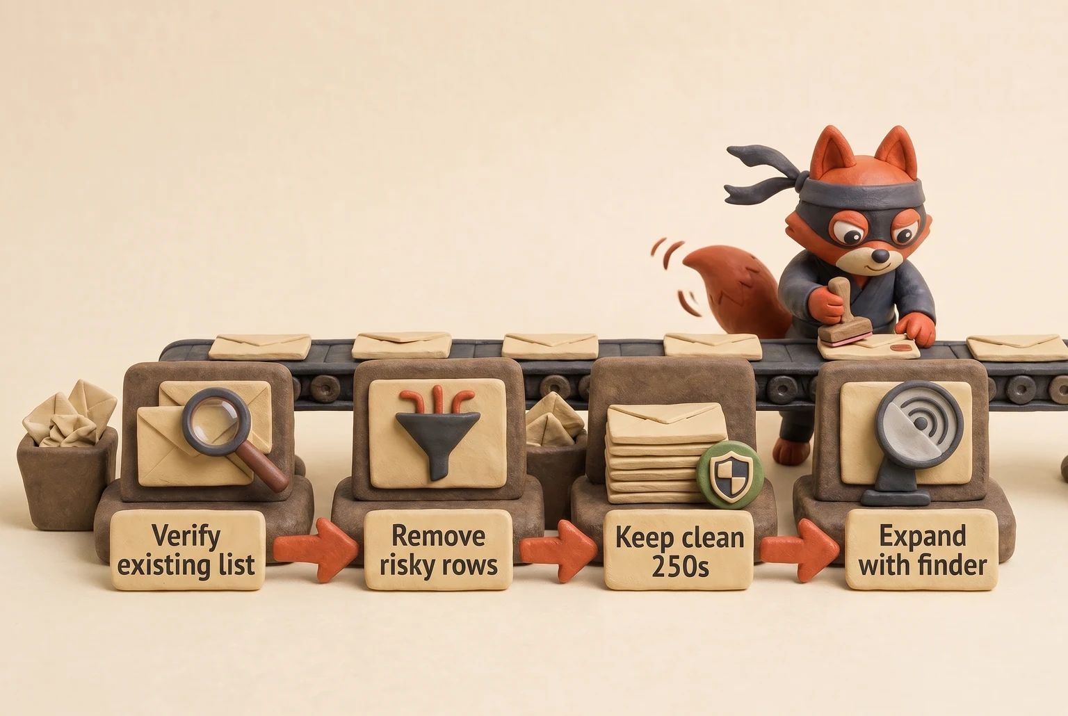 A mail-sorting fox verifies email rows, rejects risky ones, keeps clean 250s, then expands the list.
