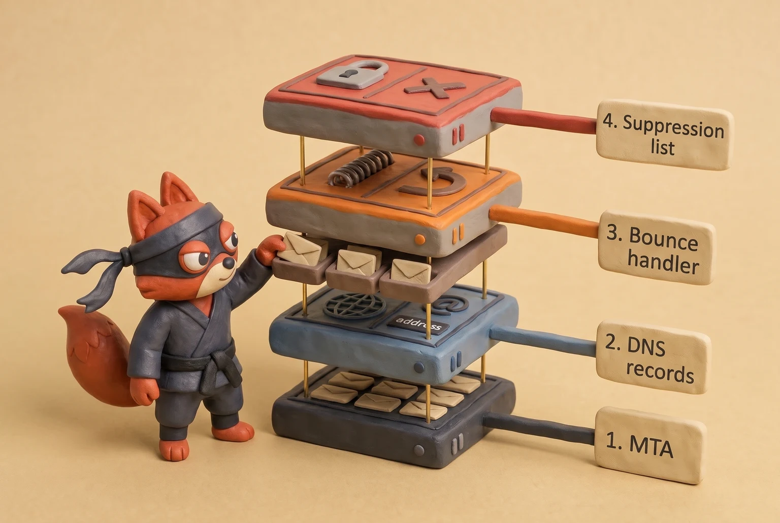 A fox mailroom clerk loads four stacked server parts: MTA, DNS records, bounce handler, suppression list.
