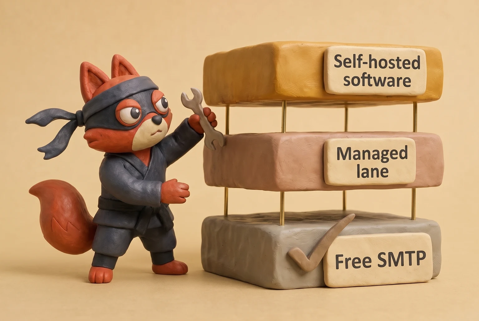 Three stacked email sending tiers: free SMTP, managed lane, self-hosted software.