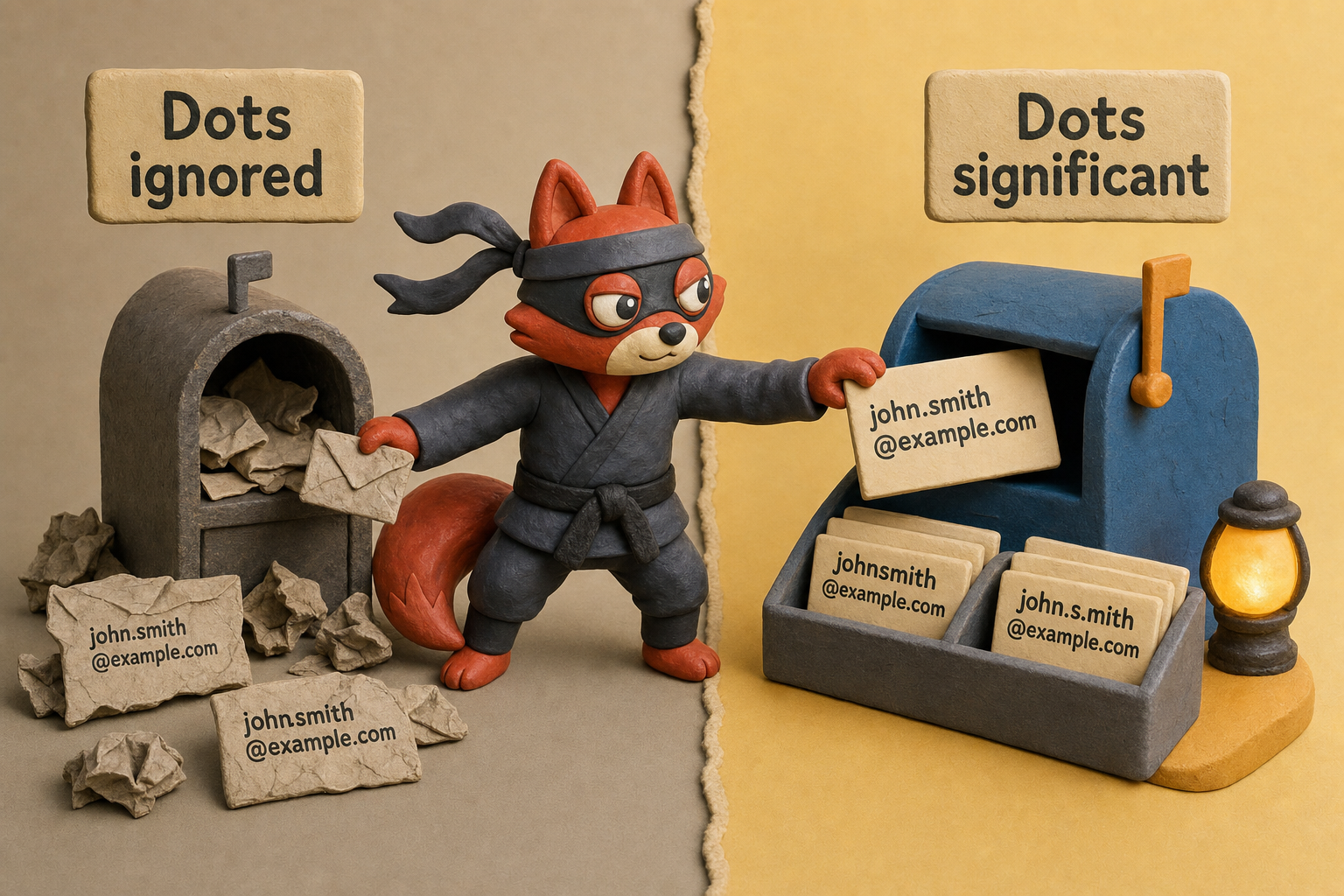 Gmail ignores dots, but custom domains treat them as distinct addresses, causing mix-ups.