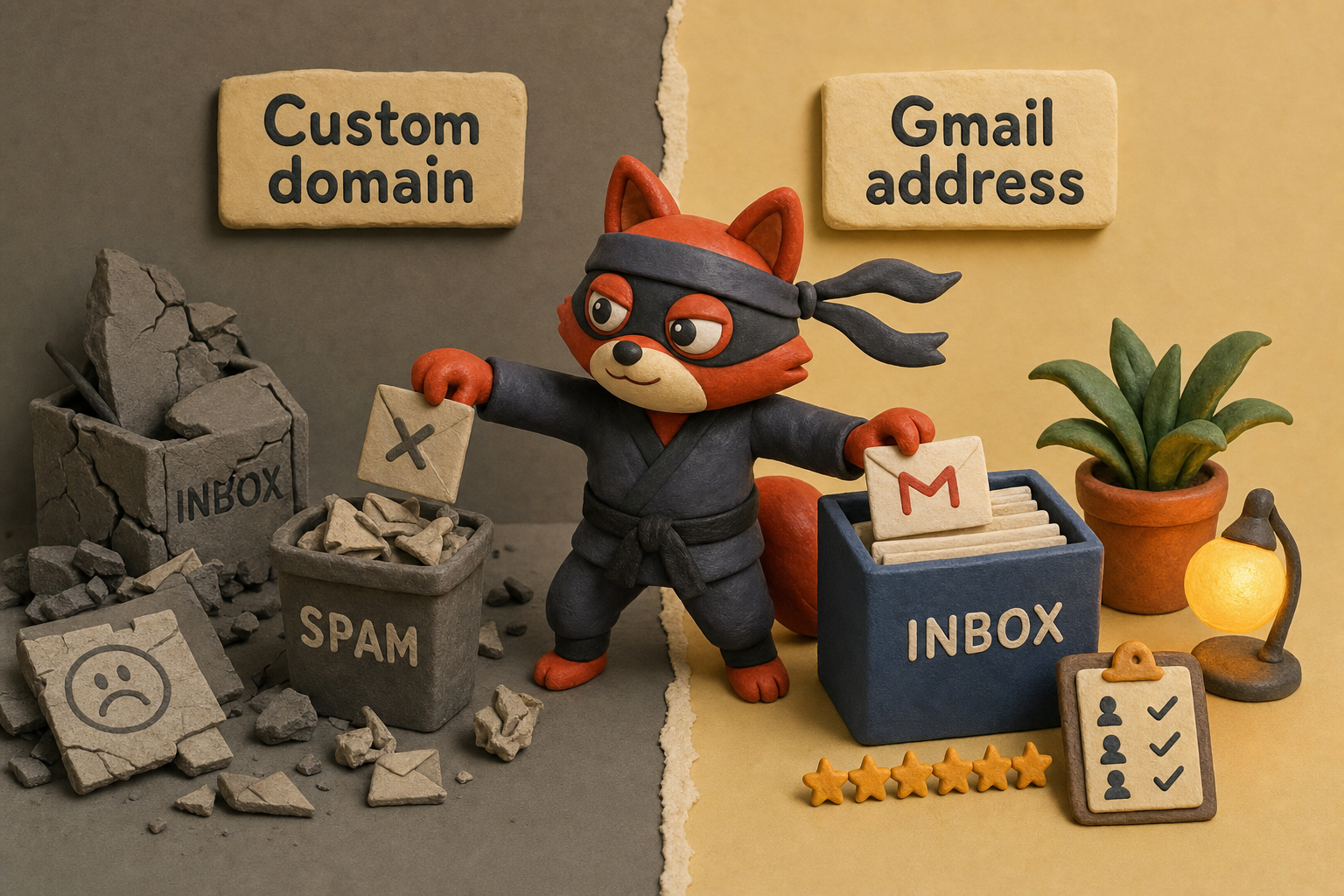 Comparison of email deliverability: a Gmail address lands in the inbox while a custom domain gets caught in spam.