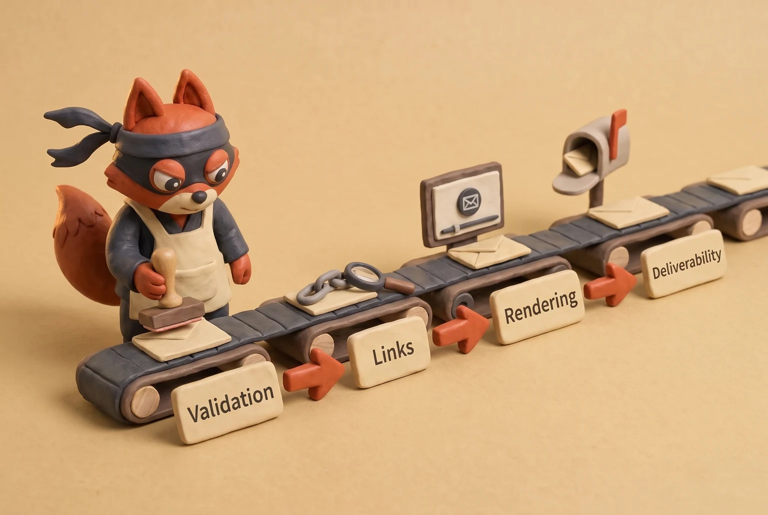 Four ordered email review stages from validation through deliverability on a conveyor inspection line.
