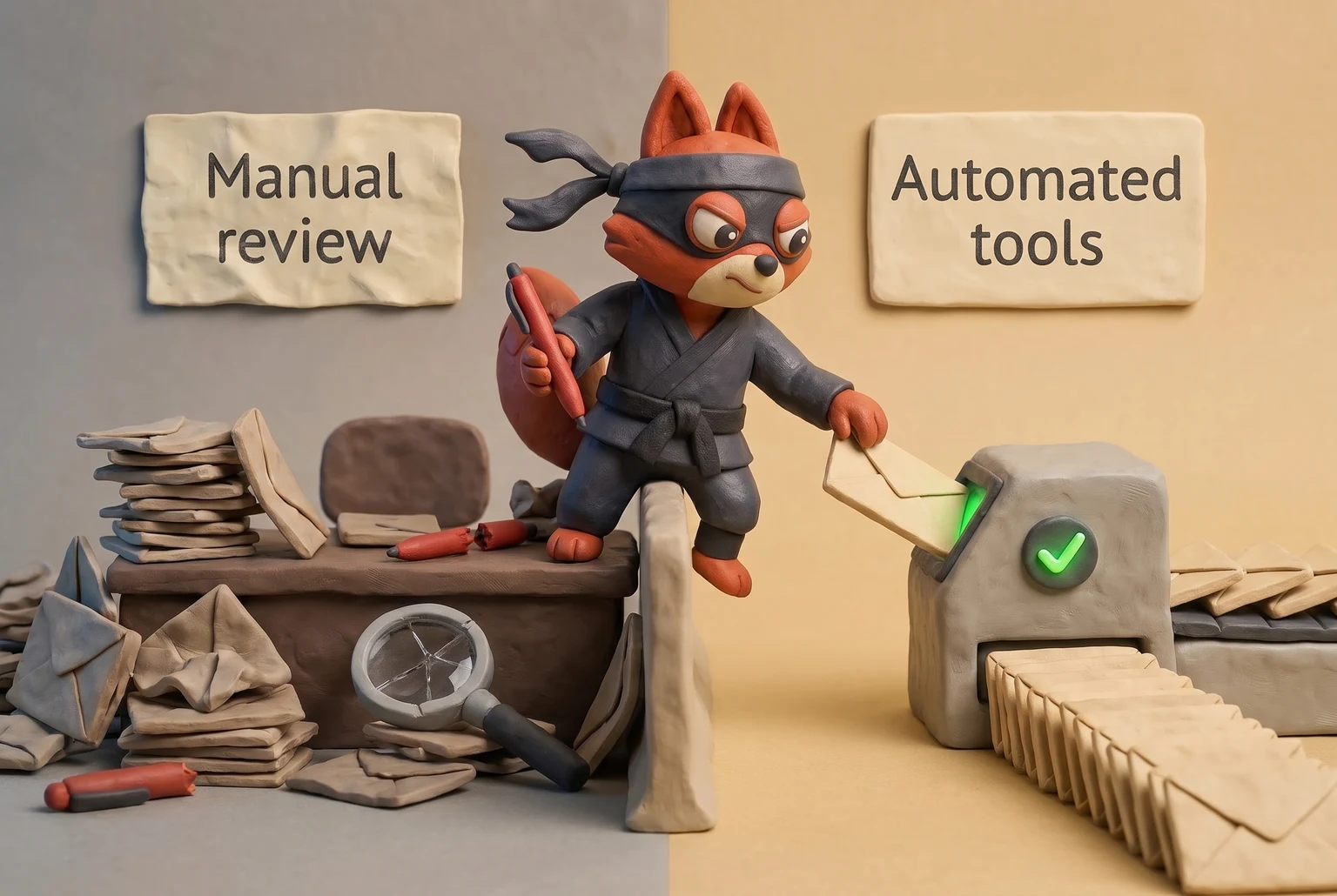 Two-panel clay figure contrasting manual review with automated email validation.