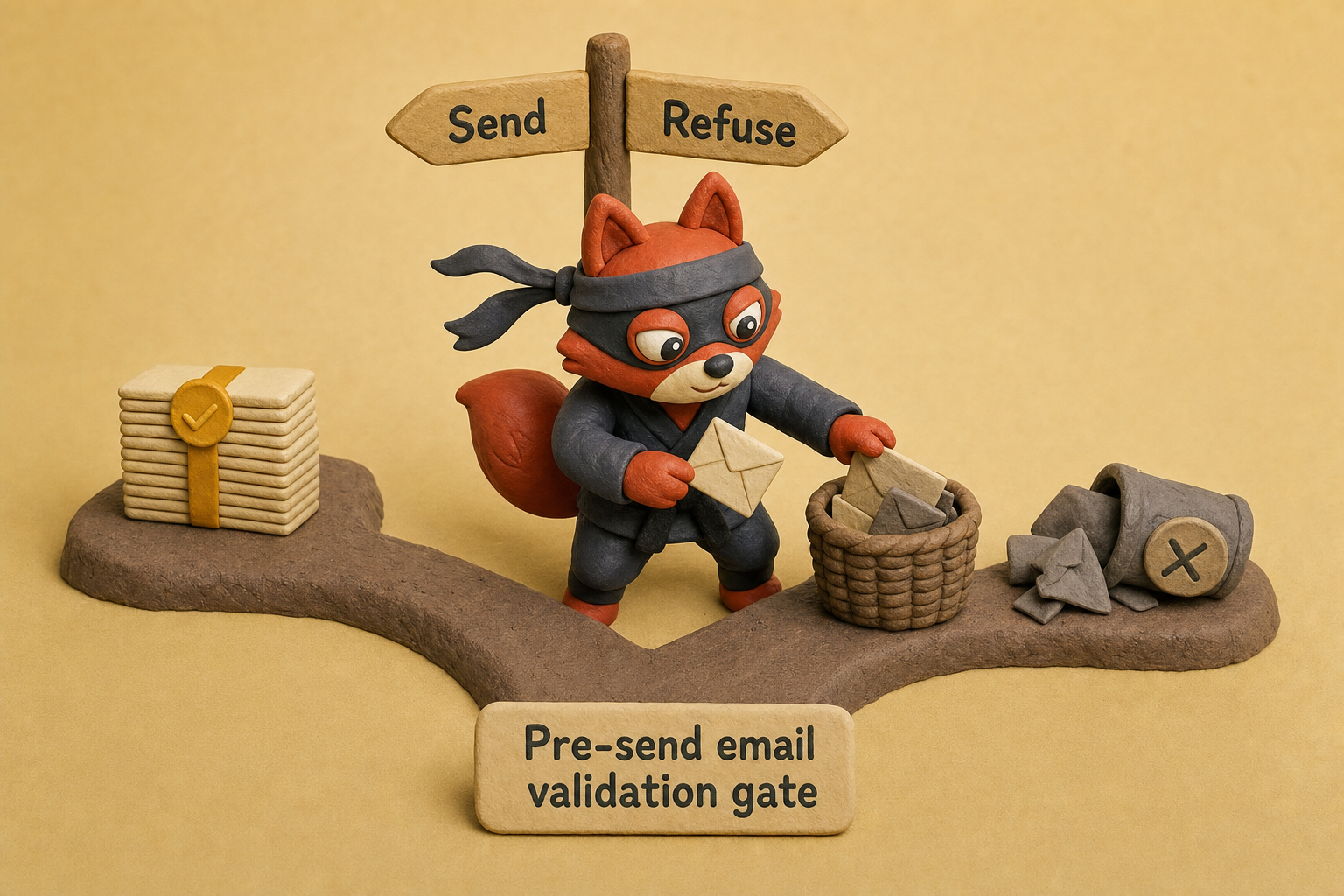 A validation check splits email addresses into those that proceed to send and those that are refused.