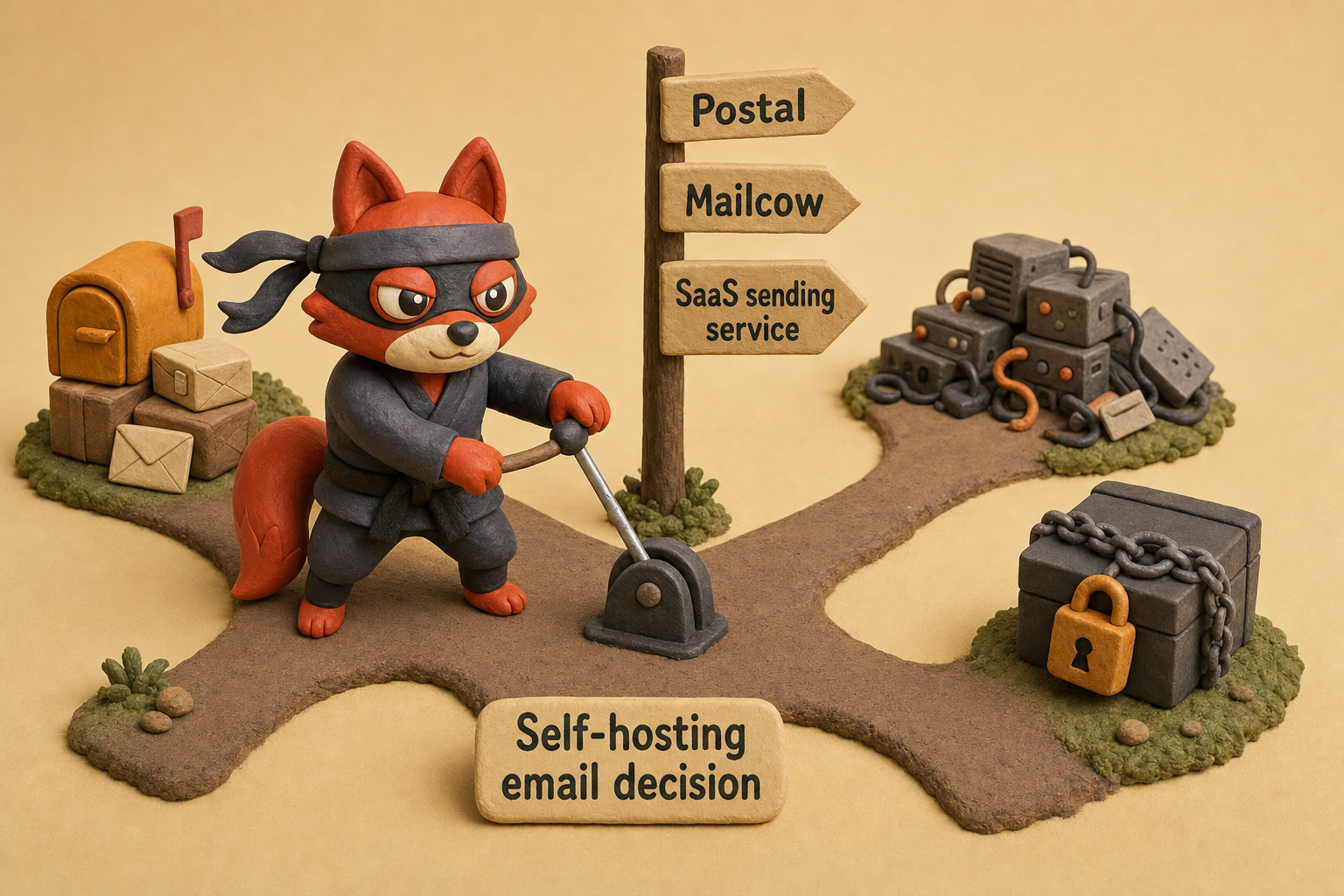A fox switchman routes a mail train to one of three email infrastructure tracks.