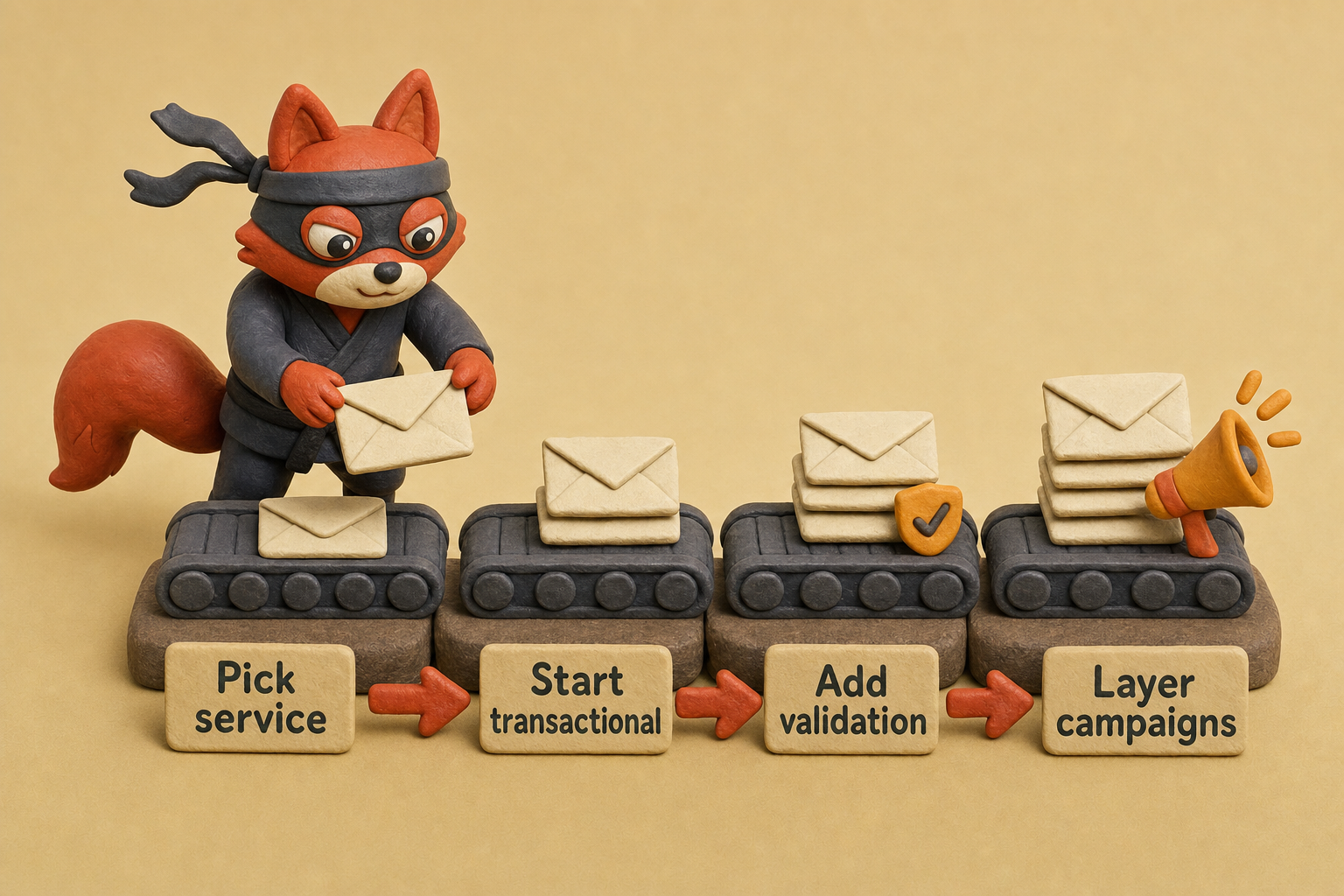 Step-by-step adoption of an email sending service, from transactional start to validated campaigns.