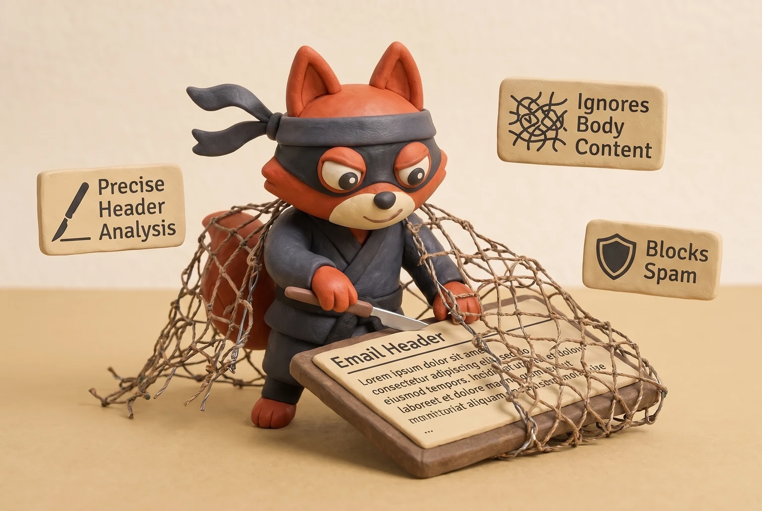 A fox uses a scalpel on an email header, ignoring the tangled net over the body.