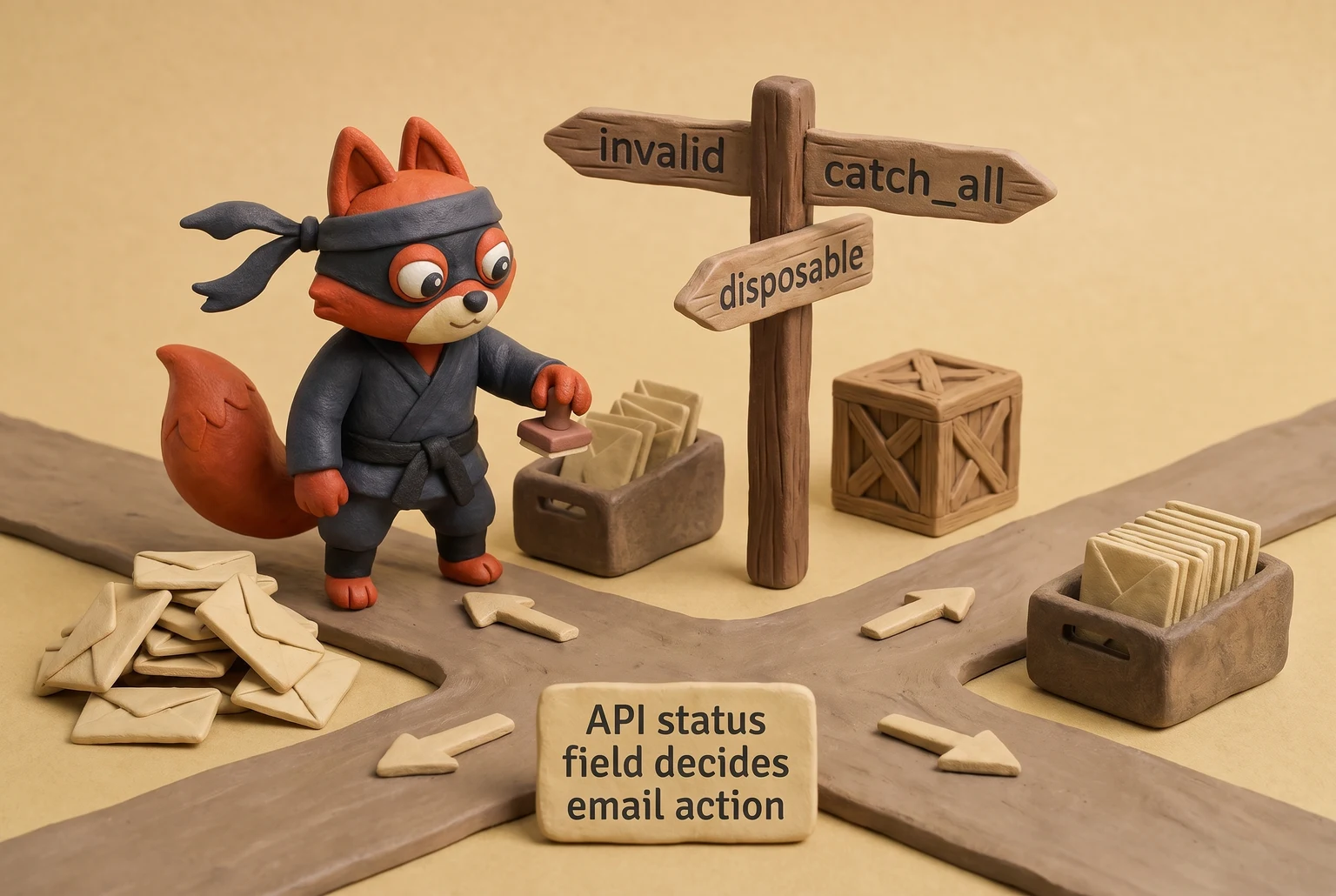 A fox sorts validation API verdicts invalid, disposable, and catch_all into separate actions.