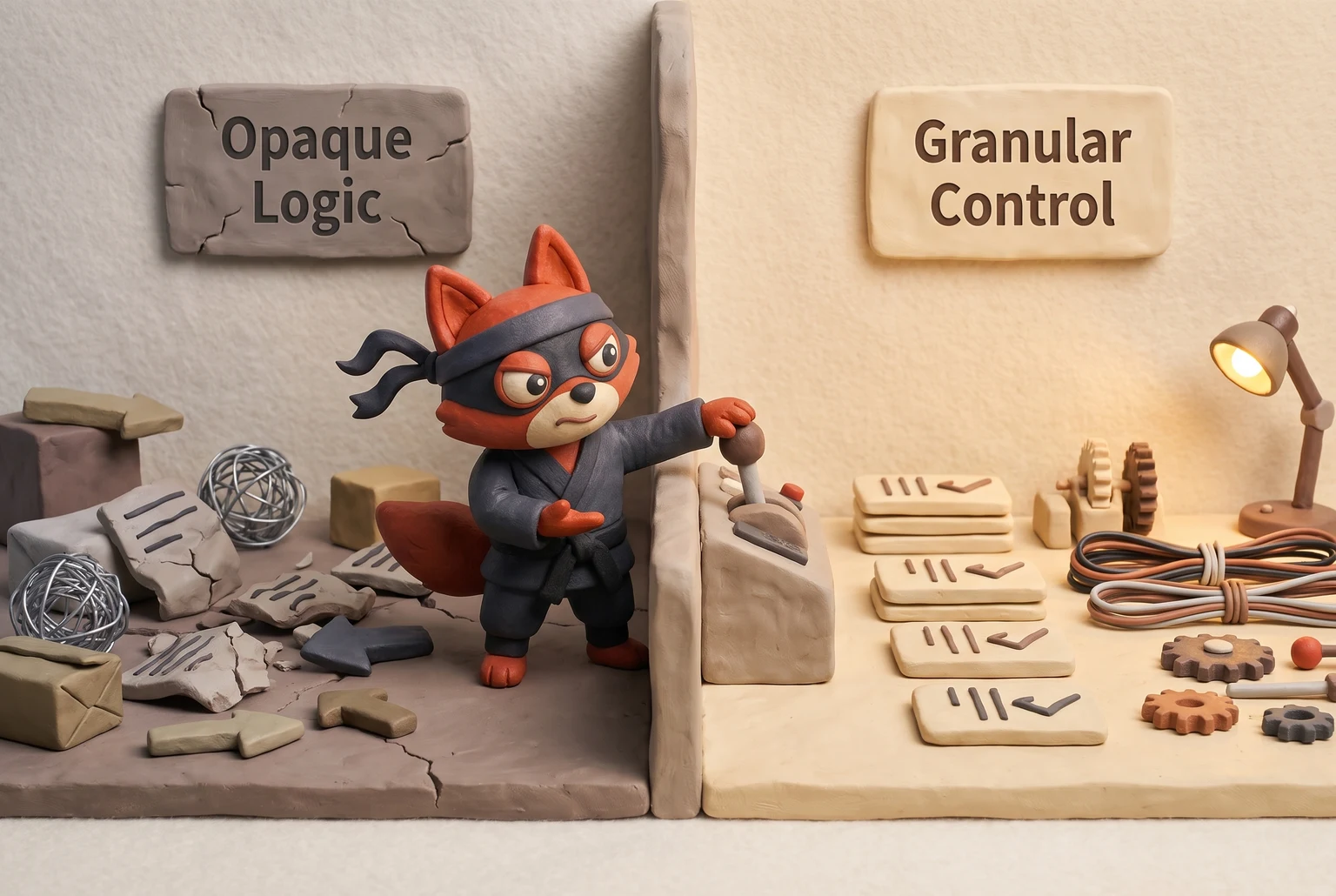 A fox unable to open a black box versus a fox adjusting a detailed control panel.