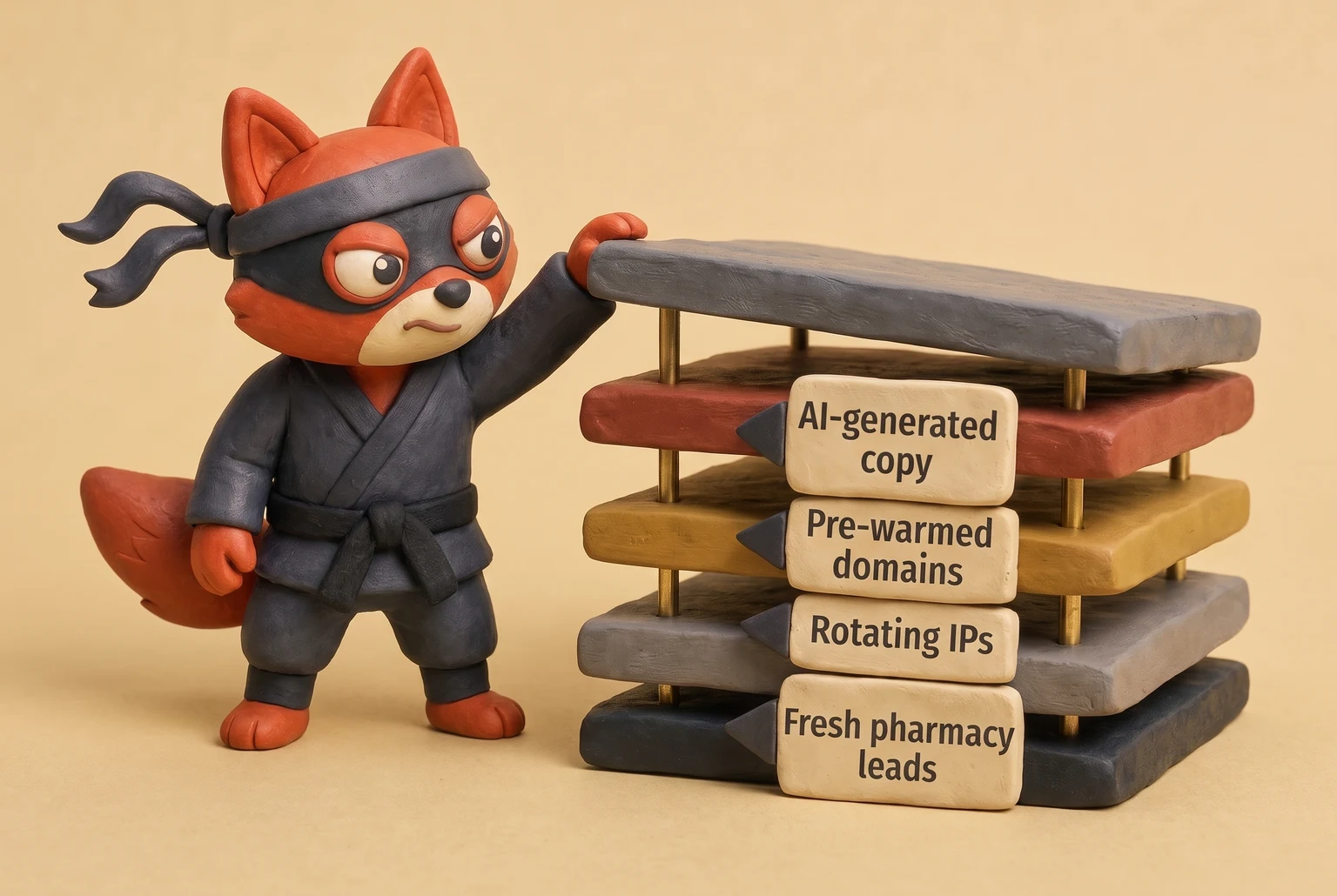 Illustration of a fox mason stacking slabs representing spam-as-a-service components