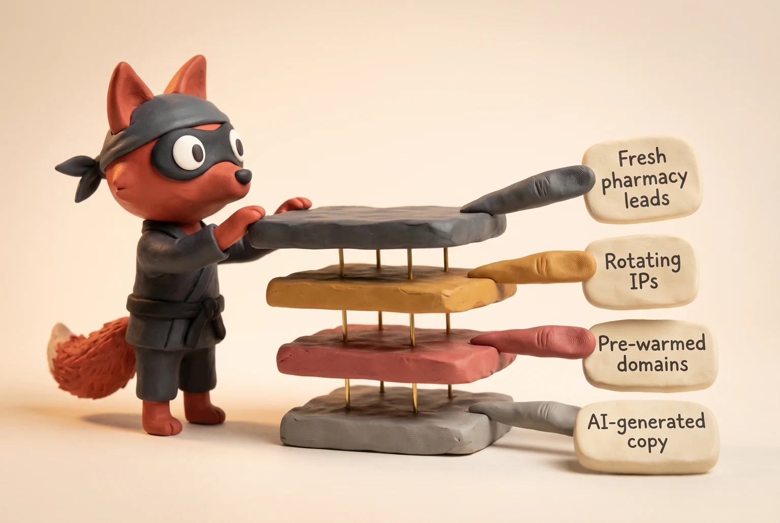 Illustration of a fox mason stacking slabs representing spam-as-a-service components
