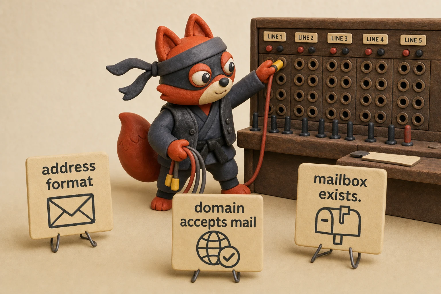 Three stacked layers of email checks: address format, domain accepts mail, mailbox exists.